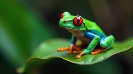 Fototapeta premium Vibrant amphibian with striking red eyes and bright blue and green markings poised on a lush green leaf