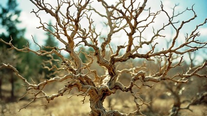 Fototapeta premium Close-up of twisted dry tree branches forming intricate natural pattern in arid landscape.