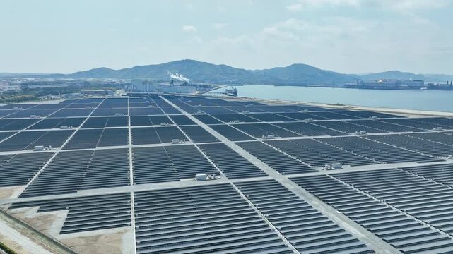Aerial view of a hybrid wind and solar power plant