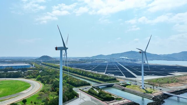 Aerial view of a hybrid wind and solar power plant