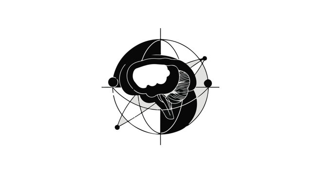 Stylized black and white graphic depicts a cross-section of the human brain encased within a geometric, orbital framework against a stark white background.