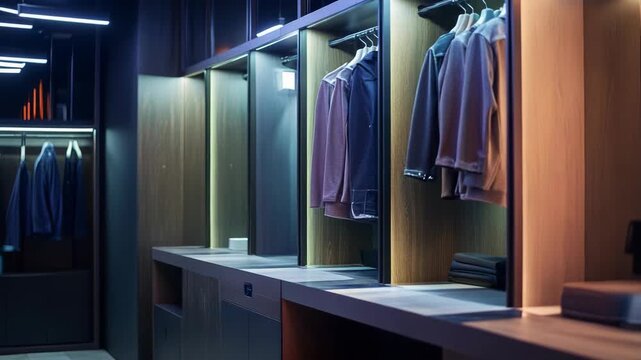 Modern Clothing Store Interior with Hangers and Shelves.