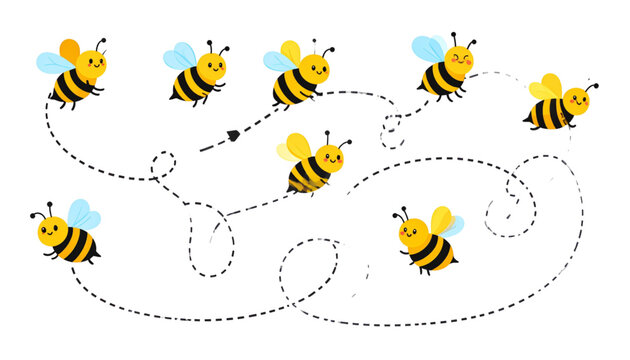 A vector graphic illustration of happy bees flying in a swirling pattern on transparent background