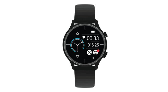Black circular digital wristwatch displays time, heart rate, and battery icons on its glowing AMOLED screen against a stark white background.