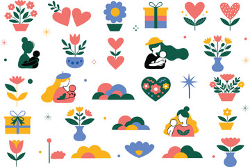 Obraz premium A colorful vector graphic illustration of Mother's Day icons and symbols