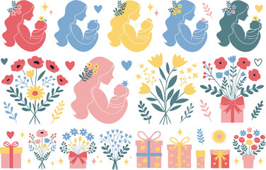 Fototapeta premium A colorful vector graphic illustration of mothers and babies with flowers and gifts