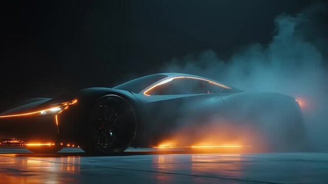 Futuristic SUV concept accelerating with bold geometric design on a dark, smoky road at night from a low-angle viewpoint