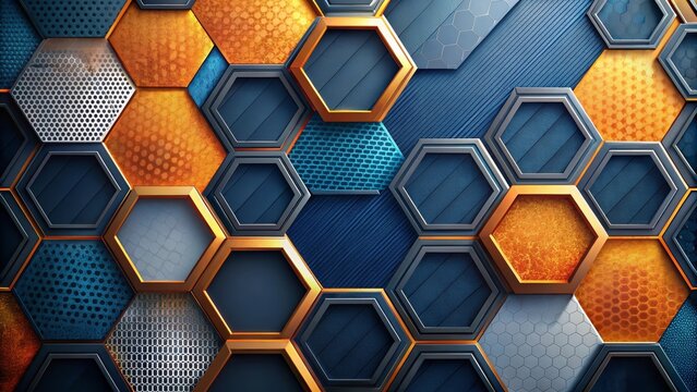 Abstract Hexagon Pattern Metallic Gold and Dark Blue Tessellated Design with Textured Surfaces
