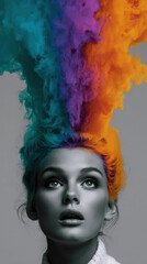 Fototapeta premium Colorful Explosion of Thoughts: A portrait of a woman with vibrant, multicolored smoke billowing from her head, symbolizing creativity, imagination, and the complexity of the mind.