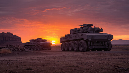 Fototapeta premium Armored vehicle military vehicle desert sunset rugged terrain wheeled vehicle armored personnel