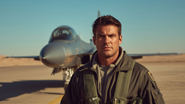 Male pilot in flight suit standing by fighter jet on at sunset