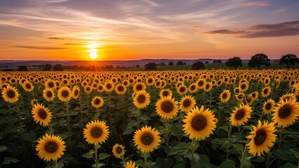 Obraz premium Vast Sunflower Field at Golden Hour Sunset.