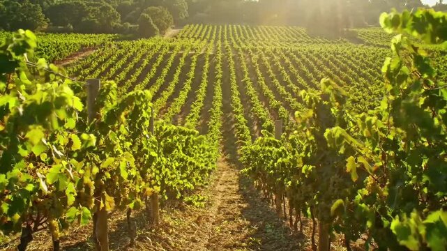 Rows of green grape vines growing.