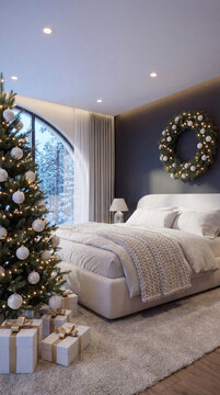 Cozy holiday bedroom design with a glowing Christmas tree, white bedding, festive wreath, and a large window showing snow-covered pine trees outside