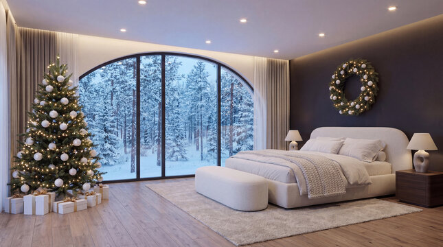 Stylish holiday bedroom featuring a dark wall with a lit wreath, a decorated Christmas tree, white bed, and a stunning arched window framing a snowy forest