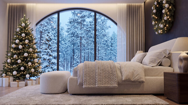 Premium luxury bedroom dressed for Christmas. Features a white bed, illuminated wreath on a dark wall, elegant tree, and an arched panoramic winter window