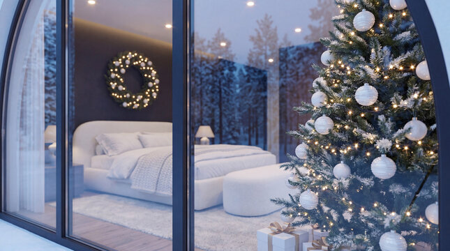 Elegant winter bedroom interior showcasing a bright Christmas tree, modern white furniture, dark accent wall, and a large window with a snowy pine view