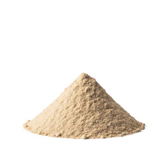 Pile of light brown powder on white background