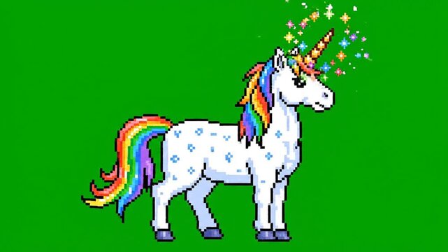 Pixelated unicorn with rainbow mane and sparkling horn on green screen