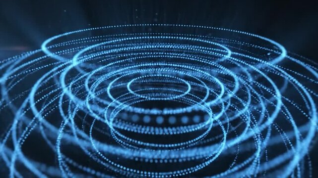 Abstract swirling digital particles form a futuristic technological network