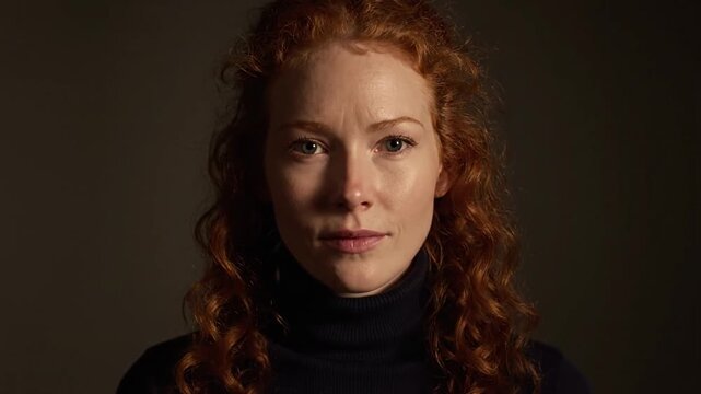 Cinematic close-up portrait of a red-haired woman with a serious expression, shot in slow motion with dramatic lighting, symbolizing intensity and focus