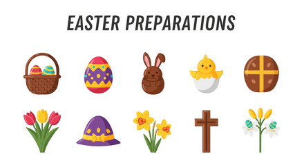 Fototapeta premium Collection of ten colorful flat icons related to Easter preparations