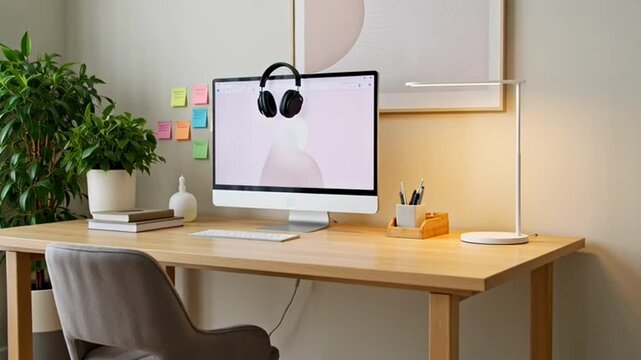 A well-lit home office workspace with a computer monitor, keyboard, and various office supplies on a wooden desk against a clean white background with a plant and colorful sticky notes.