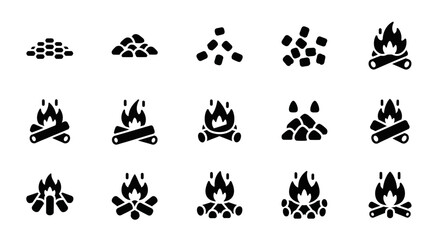 Fototapeta premium Collection of black icons representing various stages of a campfire setup and burning process displayed on a white background from a straightforward viewpoint