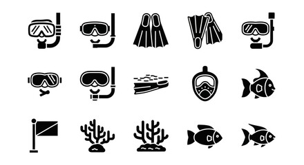 Collection of black and white icons representing scuba diving and marine life on a plain white background viewed from a straightforward perspective © Steven