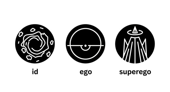 Simplified symbolic representations of psychological concepts id, ego, and superego in minimalist black and white circular icons