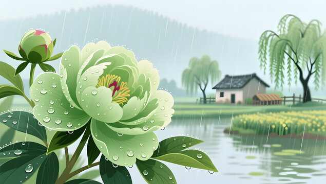 Grain Rain solar term with moist peonies and spring rain