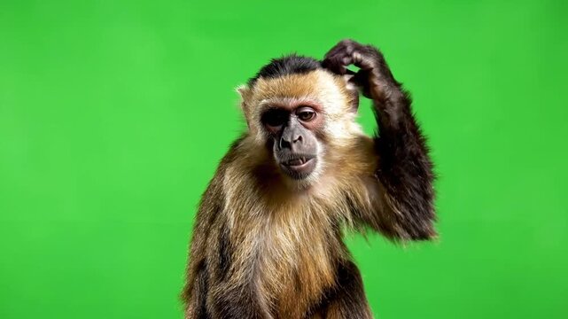 Primate with puzzled expression scratching head against vibrant green backdrop