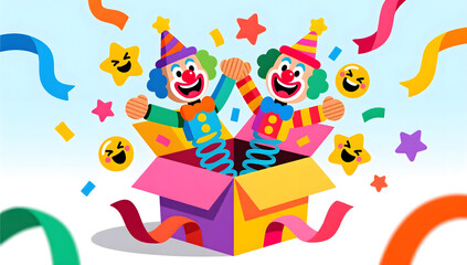 Fototapeta premium April Fools surprise box with a colorful puppet jumping out