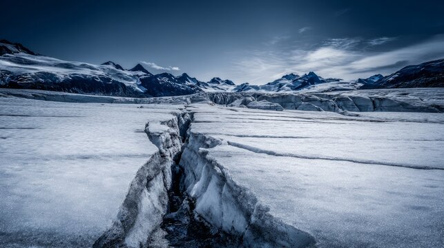 monopole. A vast glacier with a deep, dark crevasse splitting its surface, cold blue and white tones. travel magazines, destination branding, designed for outdoor magazines and nature guides.
