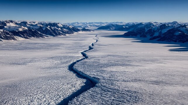 monopole. A vast glacier with a deep, dark crevasse splitting its surface, cold blue and white tones. travel magazines, destination branding, designed for outdoor magazines and nature guides.
