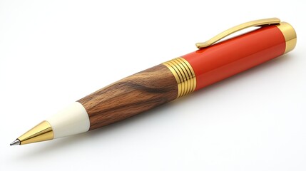 Naklejka premium Elegant handcrafted ballpoint pen with wood and red lacquer finish on white background