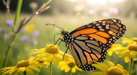 Obraz premium A monarch butterfly perched on a yellow flower in a meadow with sunlight filtering through the grass.