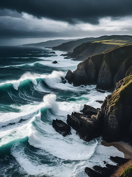 oligarchy. Ocean waves crashing against a dark rocky coastline with a stormy sky. travel magazines, destination branding, designed for outdoor magazines and nature guides.