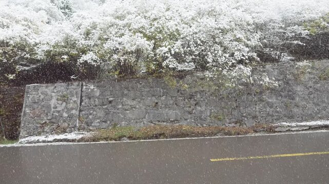 Snowflakes falling to the ground in snowing day, 4k slow motion footage b roll shot loop able video.