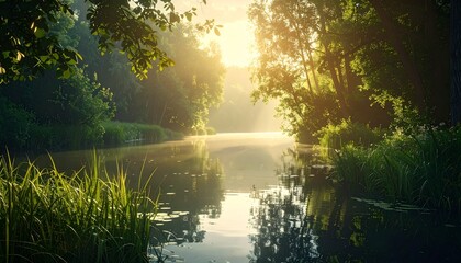 Fototapeta premium Serene River Landscape at Sunrise with Trees.