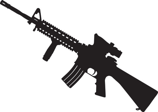 Black military assault rifle vector illustration isolated on white background showing a modern automatic M16 rifle with barrel trigger and tactical design