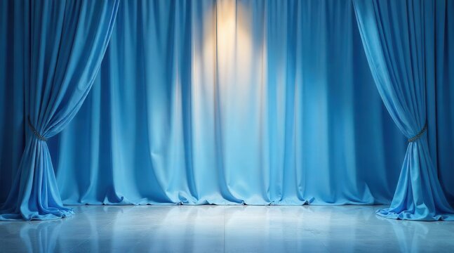 A theatrical stage bathed in warm light with elegant drapes parted to reveal an empty, polished expanse awaiting performance
