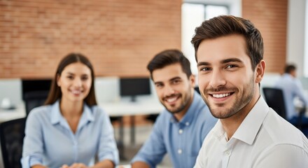 Fototapeta premium Young tech startup founders smiling in modern coworking office space