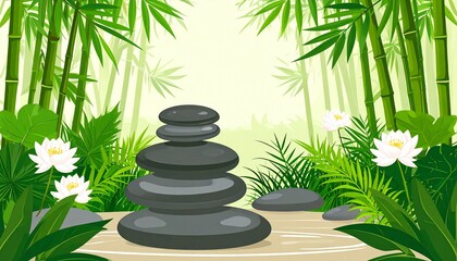 Serene Zen Stones in Bamboo Forest.