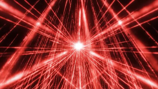 Abstract glowing red lines converge towards a bright central light