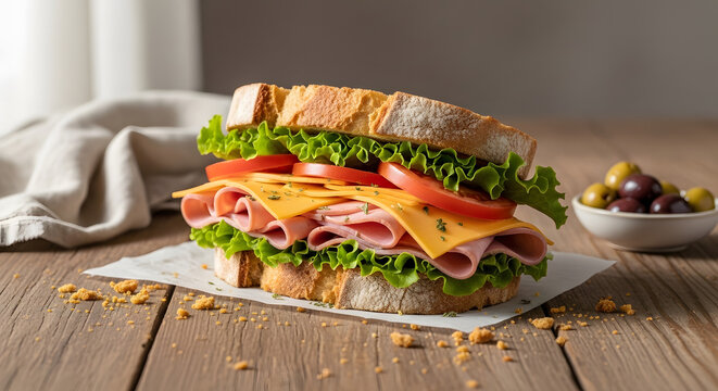 A delicious ham and cheese sandwich, loaded with fresh lettuce and ripe tomatoes, perfectly arranged on a rustic wooden table, offering a satisfying quick meal