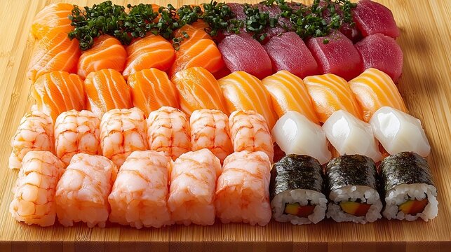 Delicious and Fresh Assorted Sushi Platter on Wooden Board Ready to Eat Japanese Cuisine