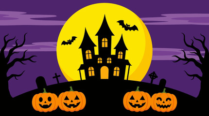 Spooky Halloween Night Background with Haunted House Silhouette, Jack-o'-lanterns, Bats, and Full Moon over Graveyard Landscape