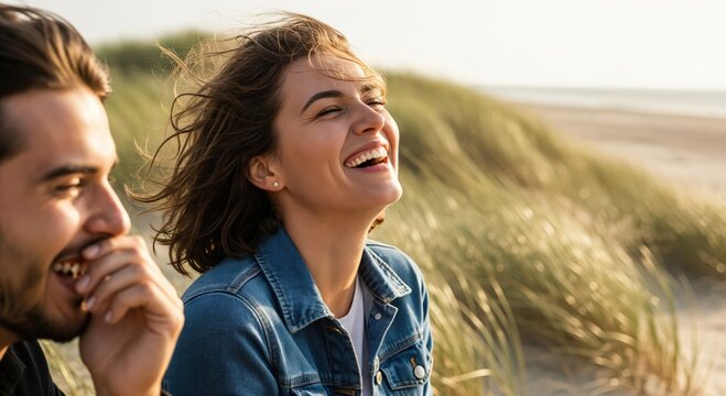 Joyful young couple laughing authentically in coastal sand dunes during summer
