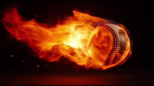 Flaming Baseball Rotating on Black Background.
